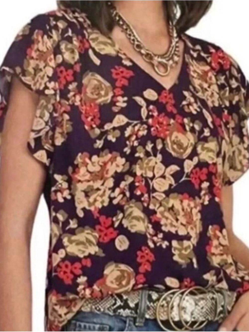 Floral V-Neck Flutter Sleeve Top in purple XL Cabi à la mode top